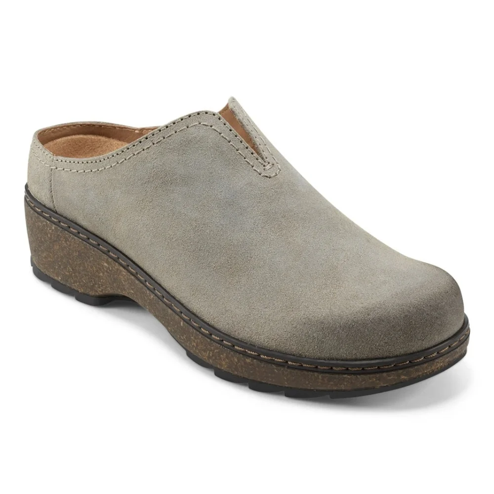 NEW Earth Kolia Round Toe Slip-on Casual Clogs Gray Suede Brown Leather Cork 9 - Picture 2 of 10